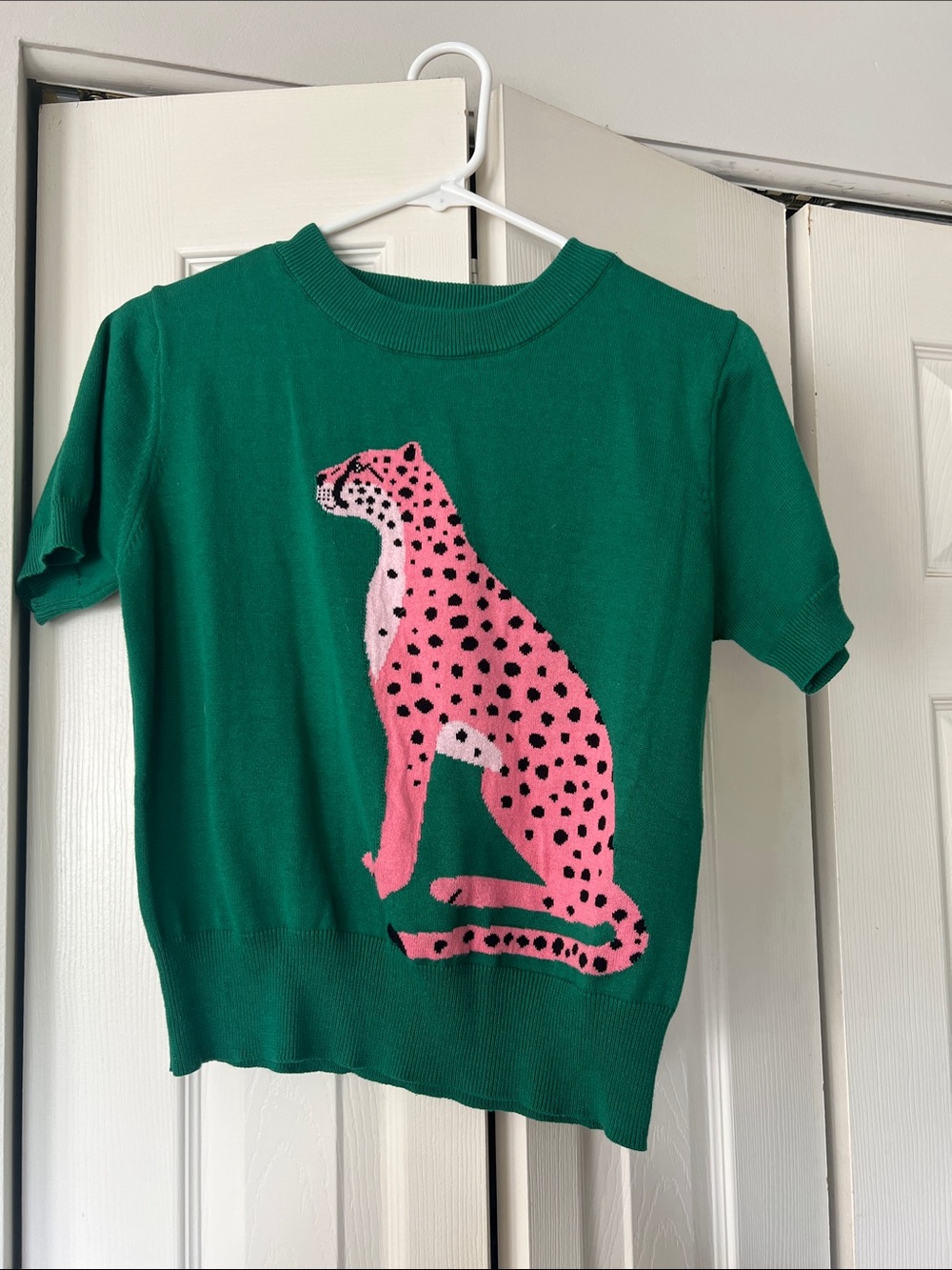 Green Kids Short-Sleeve Top with Pink Cheetah Graphic